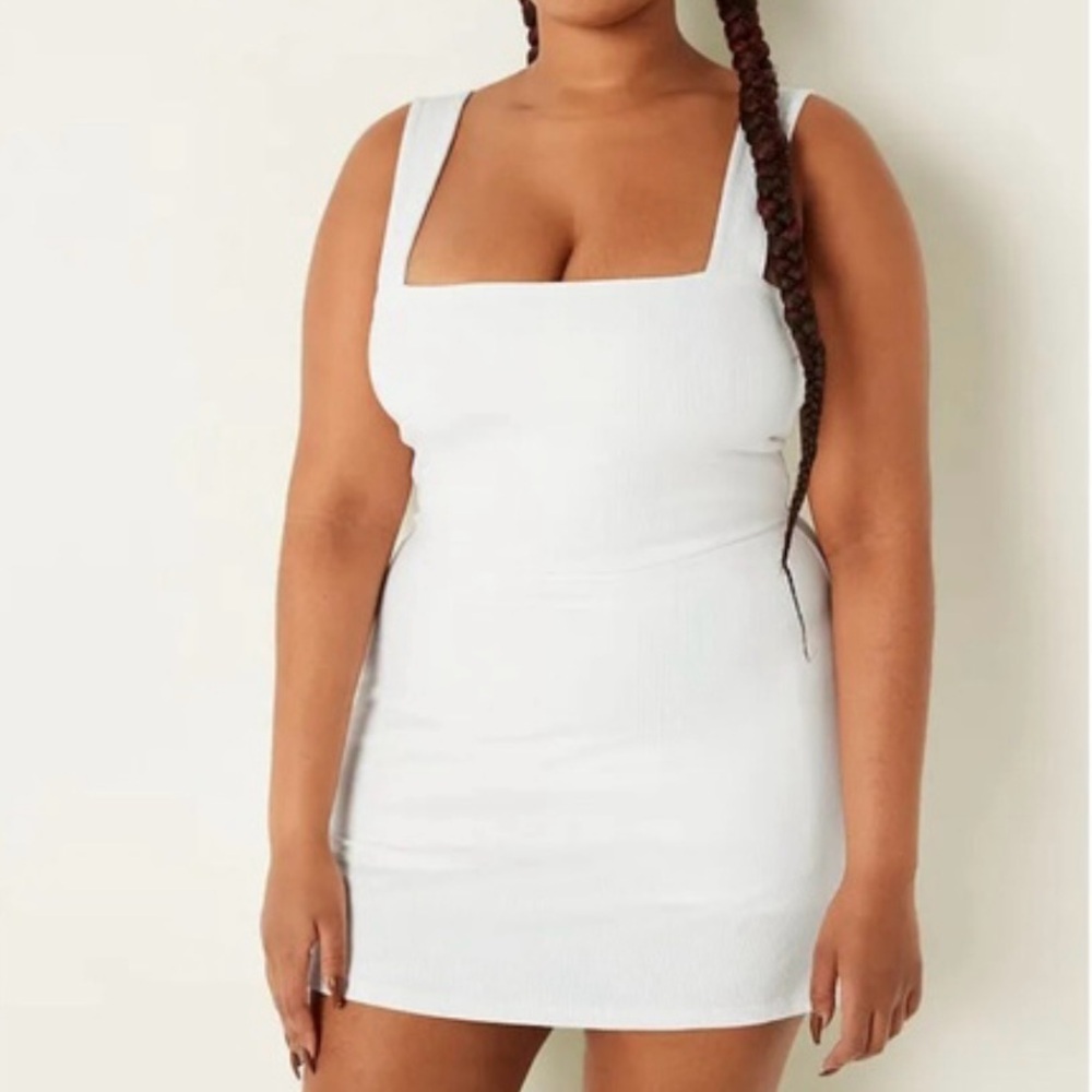 PINK Victoria’s Secret White Ribbed Romper Dress Size XL Square Neckline